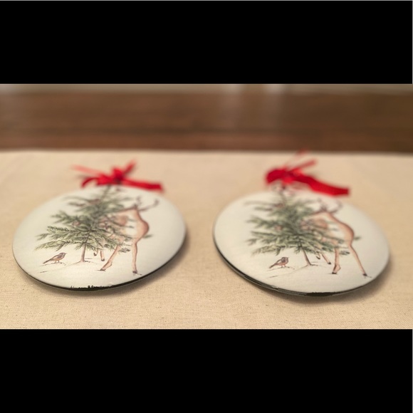 Large Christmas Tree, Deer, Cardinal & Birds Ornaments Set of 2, Red Ribbon Hook - Picture 5 of 12
